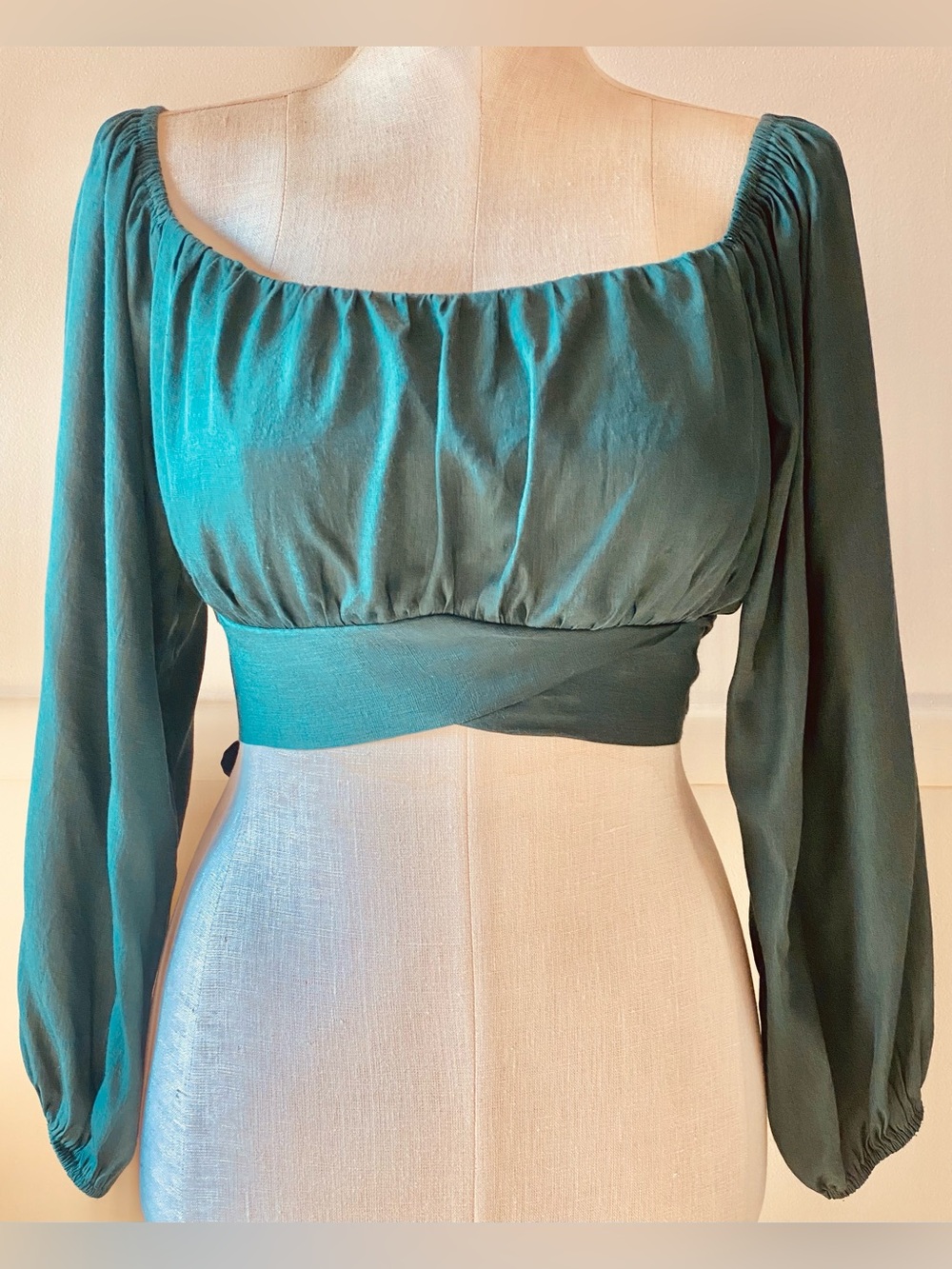 Emerald Green Long Sleeve Peasant Crop Top